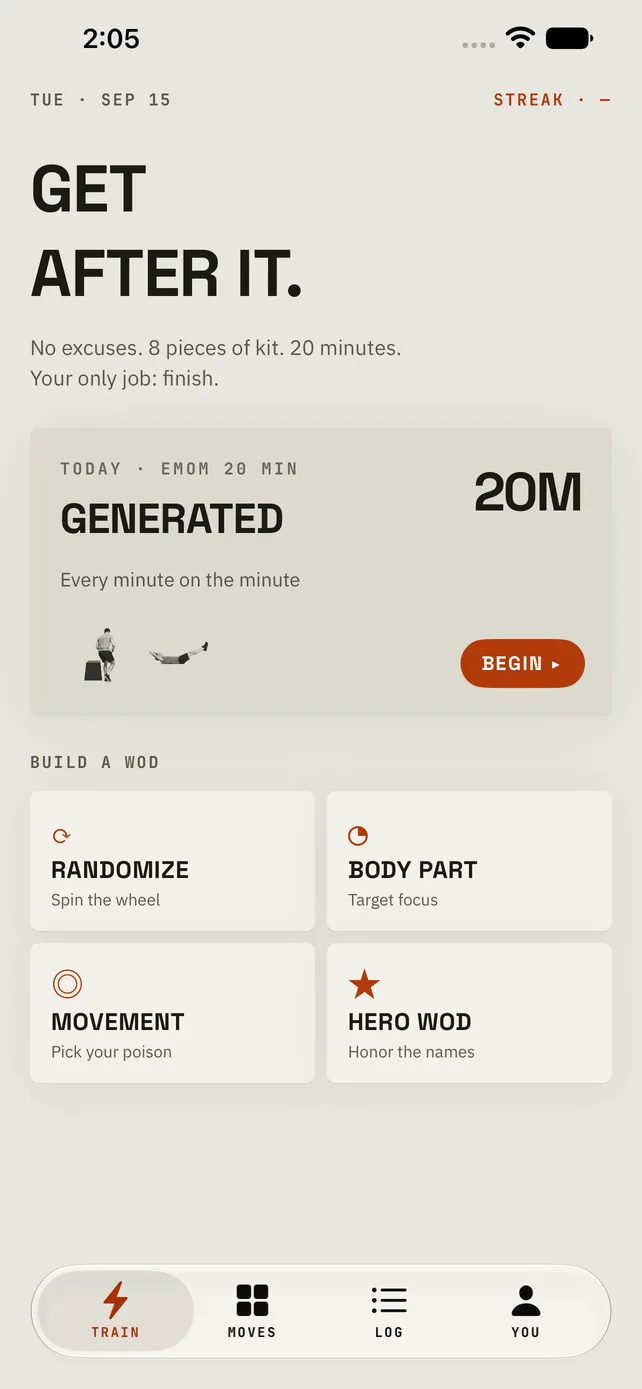 FueledWod's Train screen: Get after it. No excuses, 8 pieces of kit, 20 minutes. Today's EMOM 20 workout, generated, with a Begin button, and four ways to build a WOD: Randomize, Body part, Movement and Hero WOD