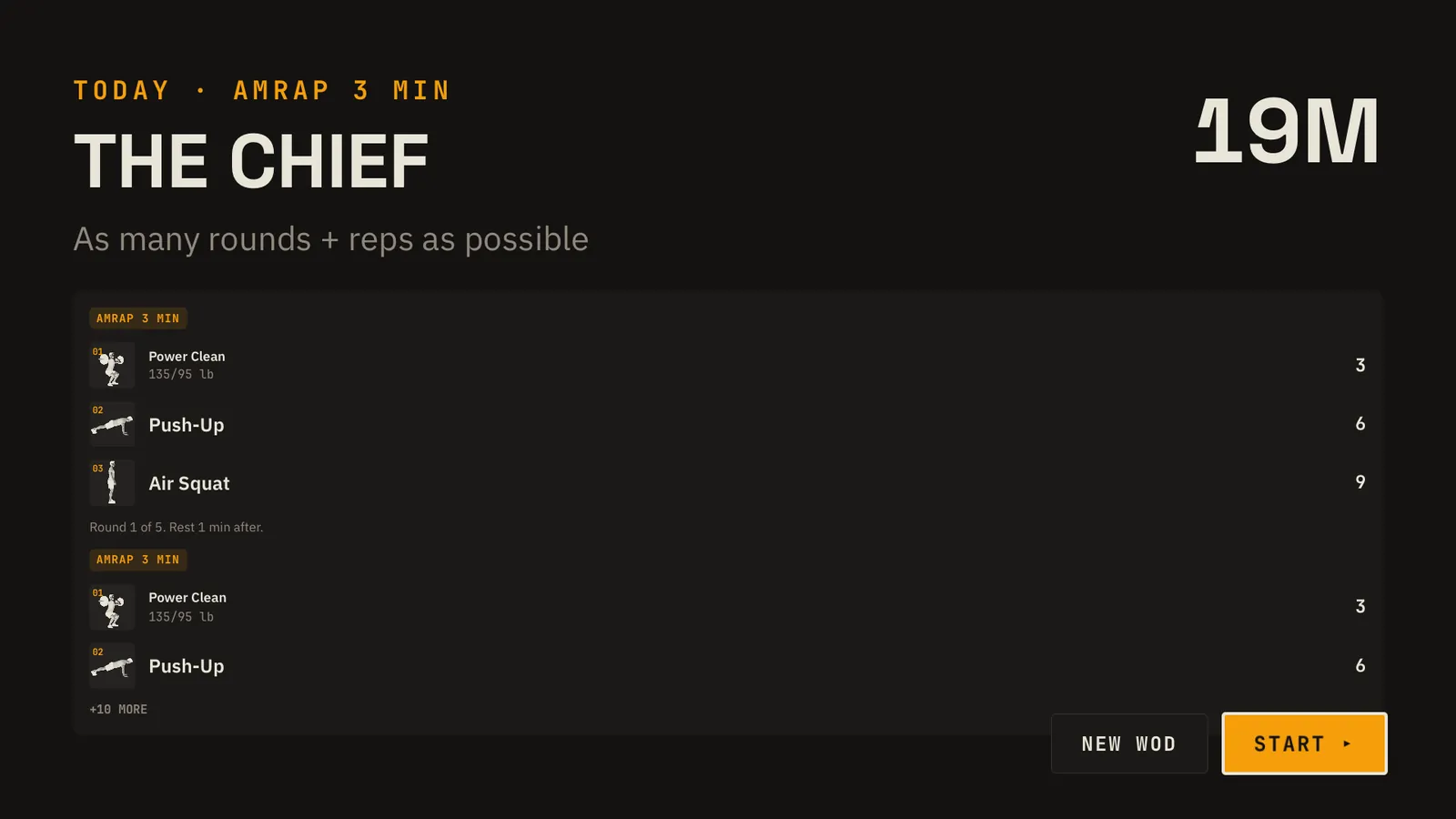 FueledWod on Apple TV: The Chief, AMRAP 3 minutes, five blocks of power cleans, push-ups and air squats, about 19 minutes, with a Start button